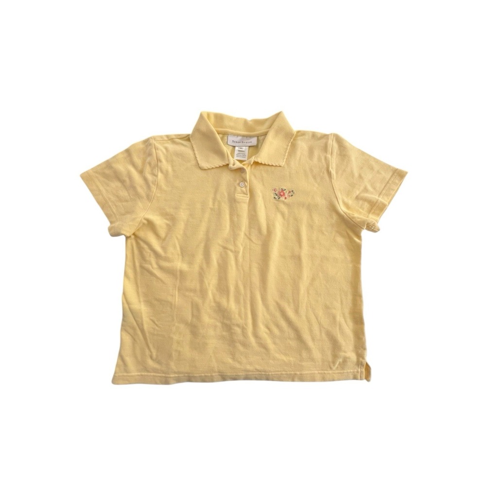 Vintage- Susan Bristol Petite Large Yellow Polo Embroidered Flower‎ Cotton Shirt